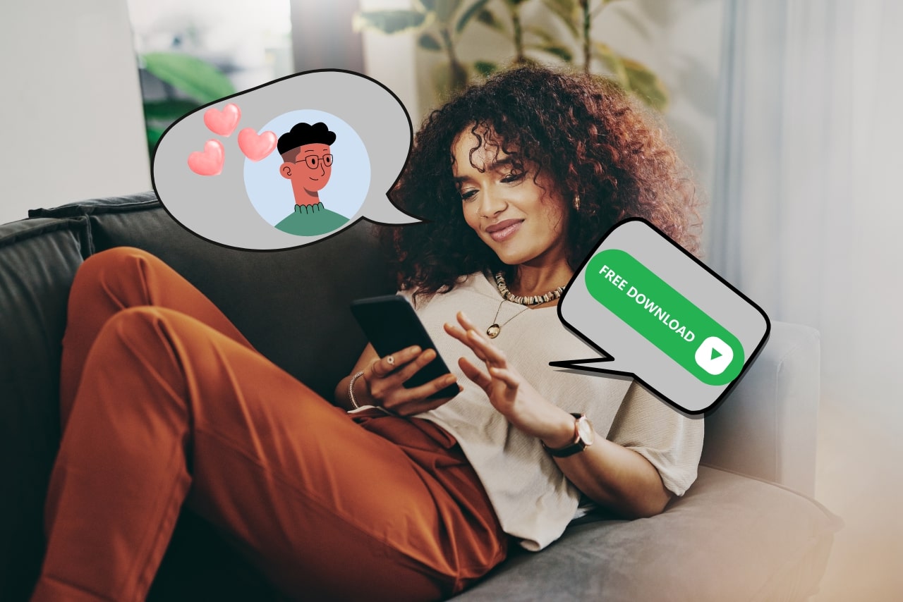 Pretty woman smiling while using phone on couch thinking about downloading free dating app.