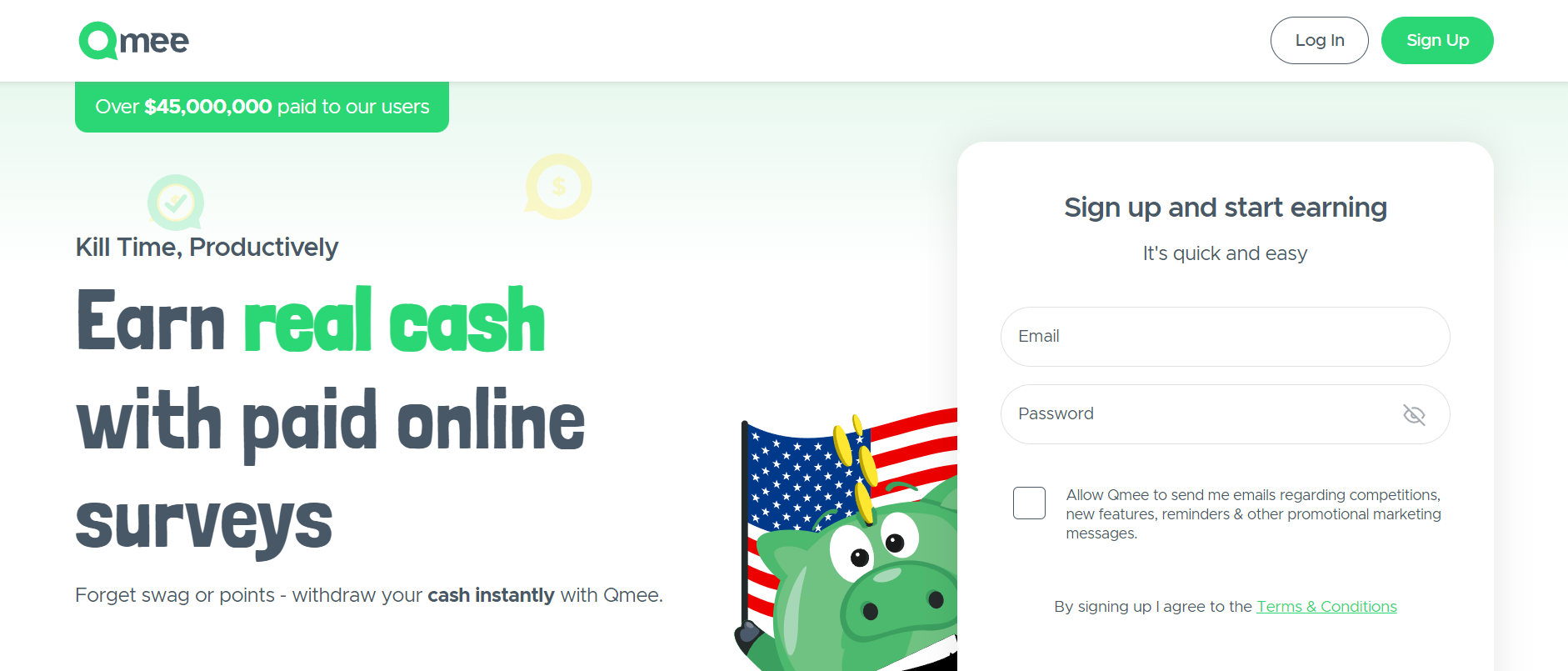 Qmee webpage displayed.