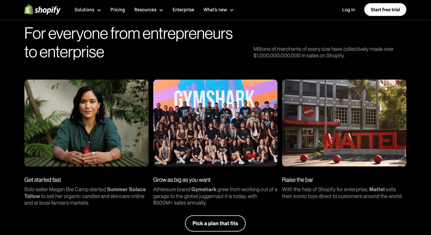 Reasons for choosing Shopify as seen on the homepage