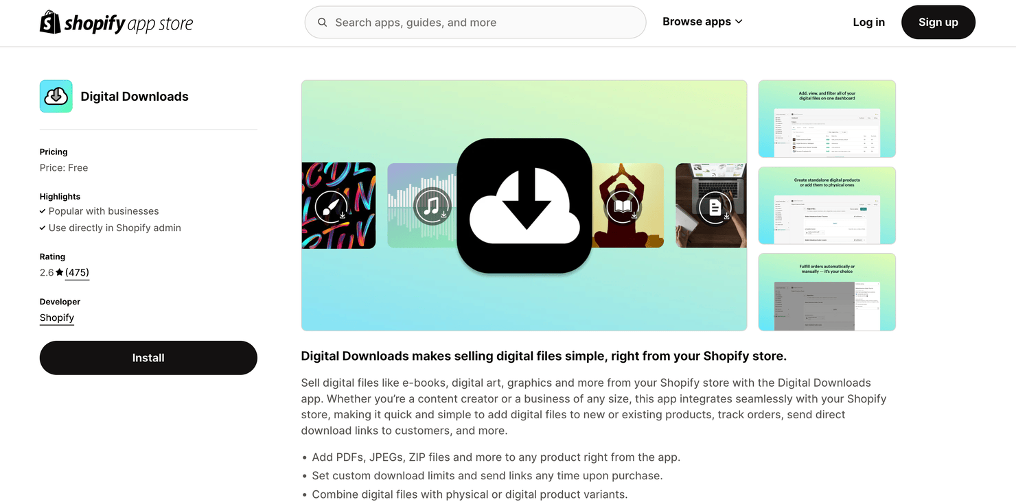 Shopify's Digital Downloads app on its app store