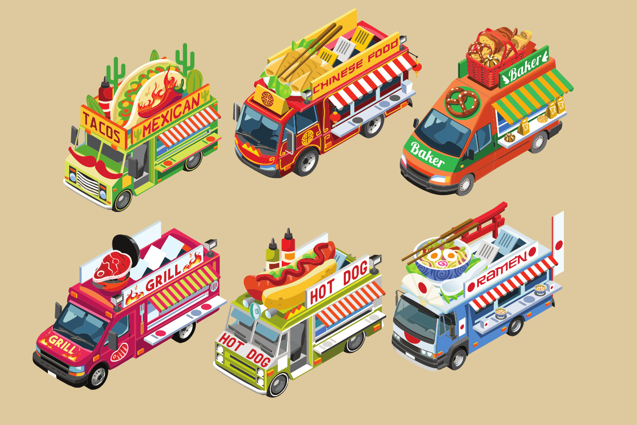 Six cartoon illustration of food trucks with different designs.