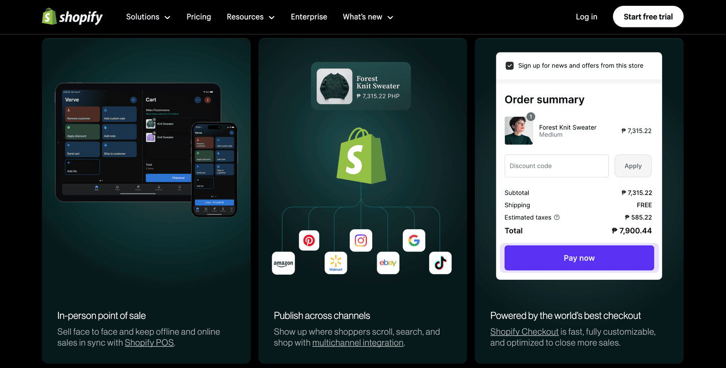 Some of Shopify's features as shown on its website