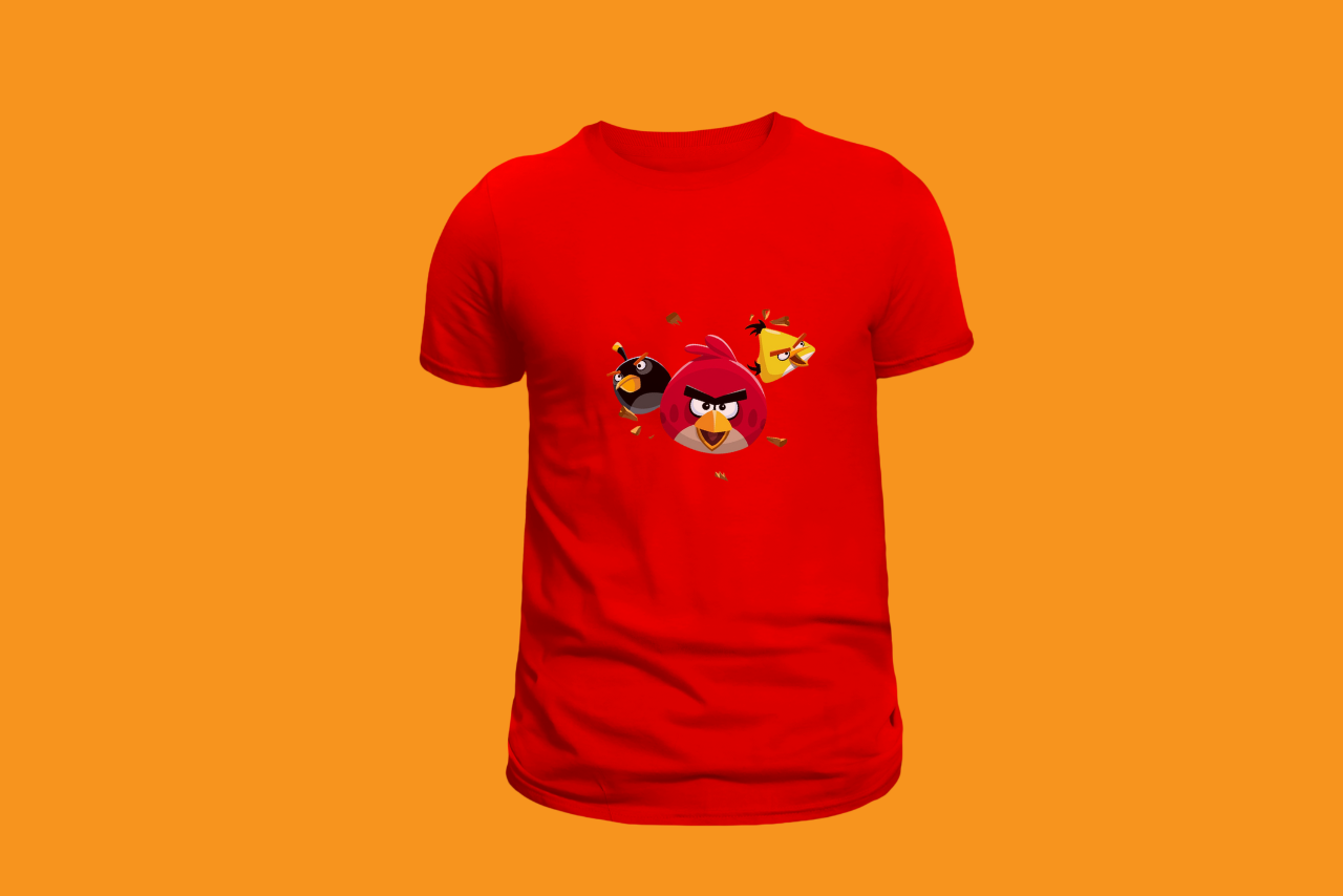 T-shirt with angry birds printed on it.