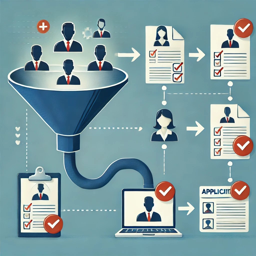 The image features a funnel at the left side sifting applicants.