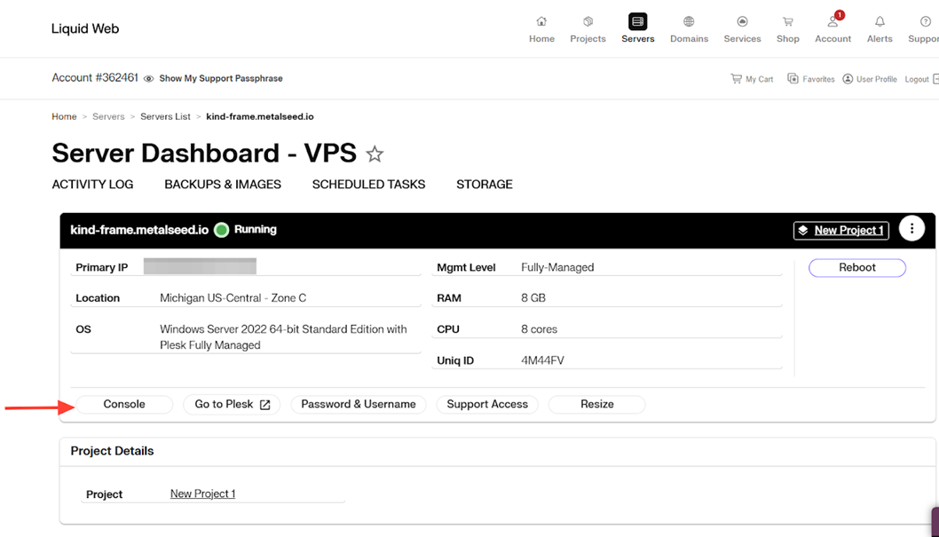 Using the Server Console liquid web