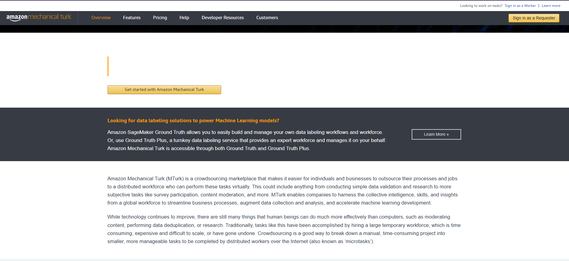 Webpage screenshot of Amazon Mechanical Turk.