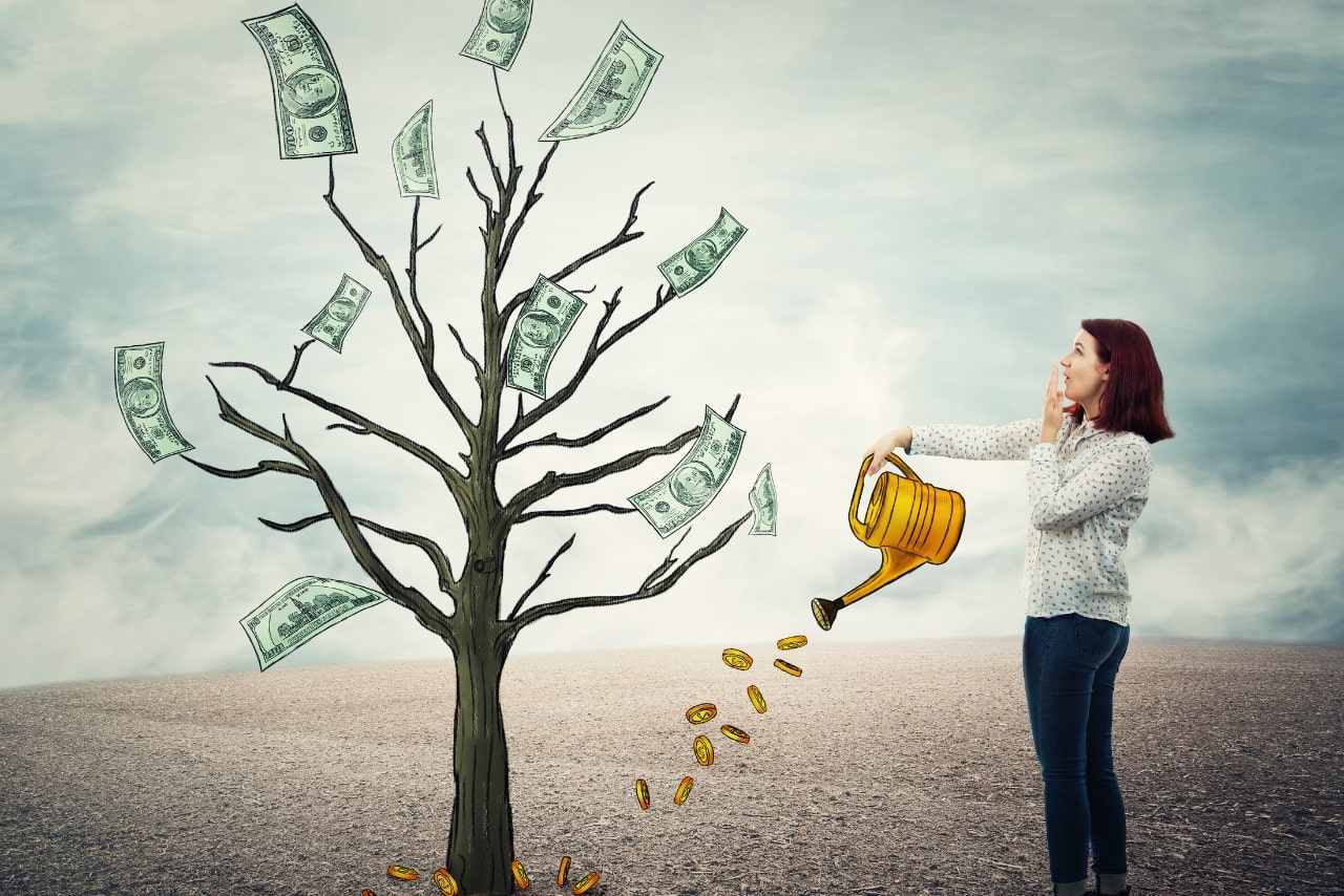 Woman with watering can pouring plant with golden coins.