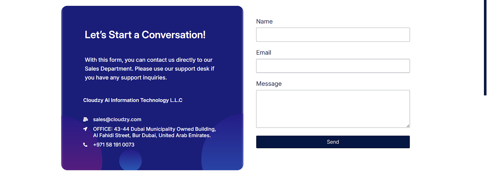 Screenshot of the Contact form
