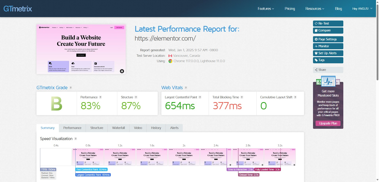 screenshot of the GTmetrix results