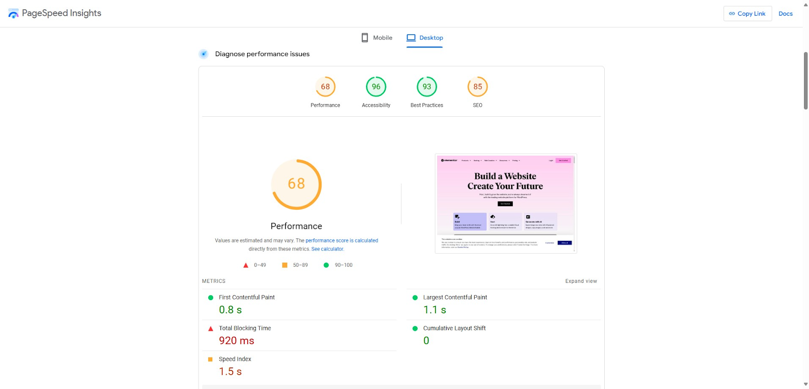 screenshot of the PageSpeed Insights results