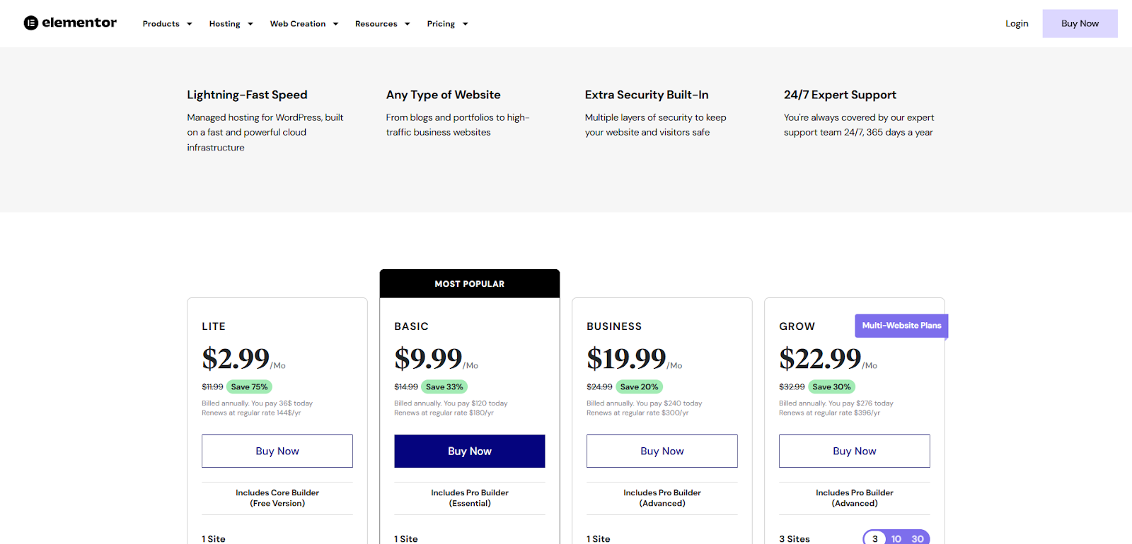 screenshot of hosting plans