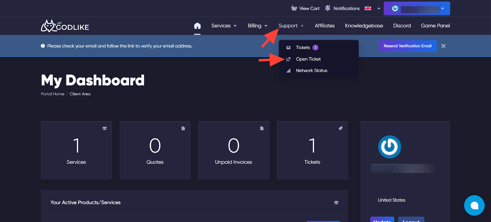 Support dropdown menu with highlighted Open Ticket button