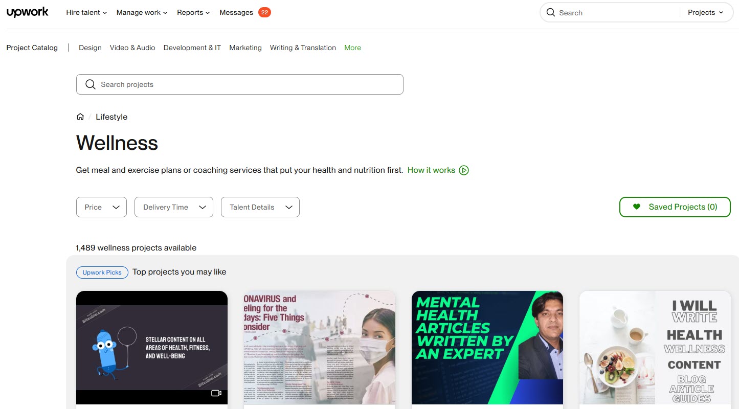 A screenshot of the Lifestyle and Wellness categories on Upwork