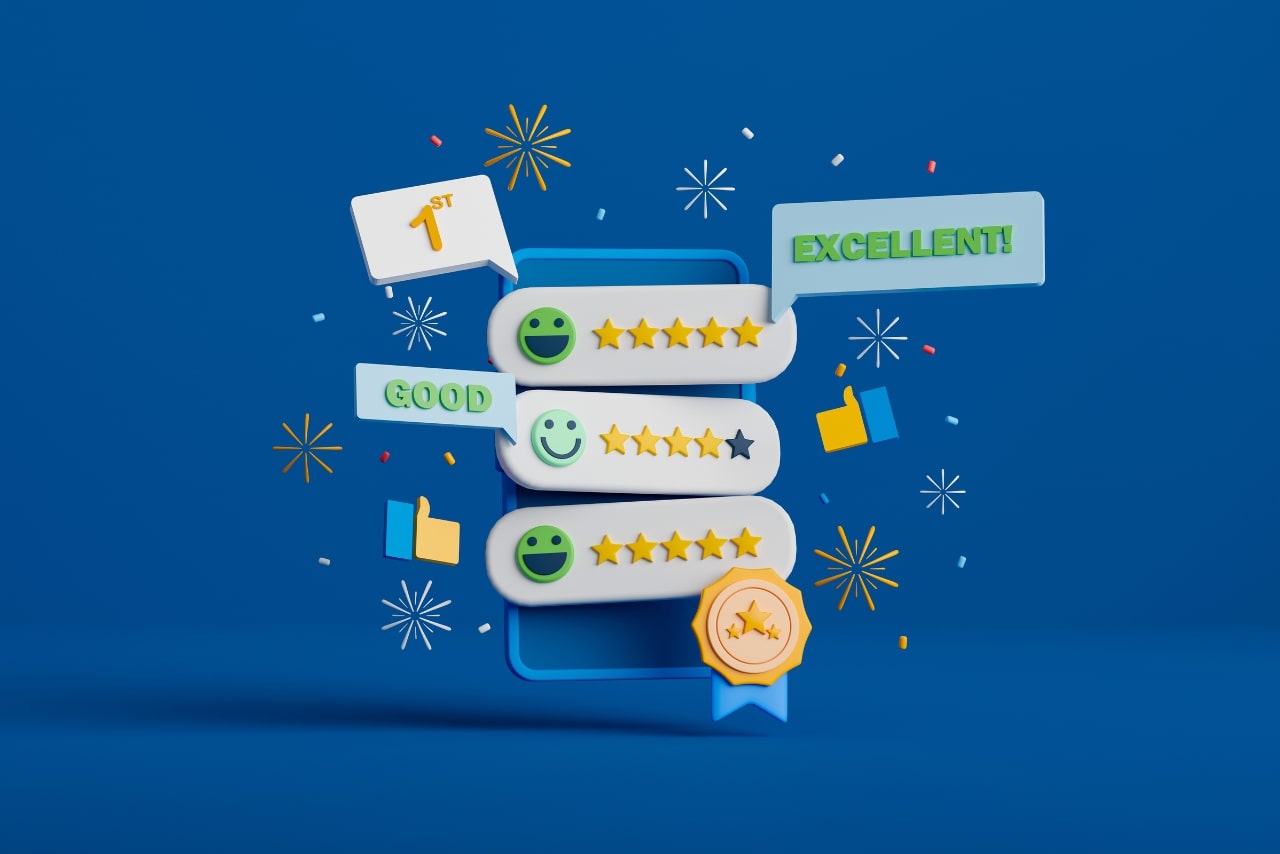 A 3D render of customer feedback gathered on a platform via a smartphone.
