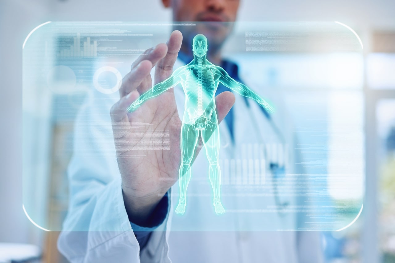A doctor analyzing a human body using a Medical AI interface.