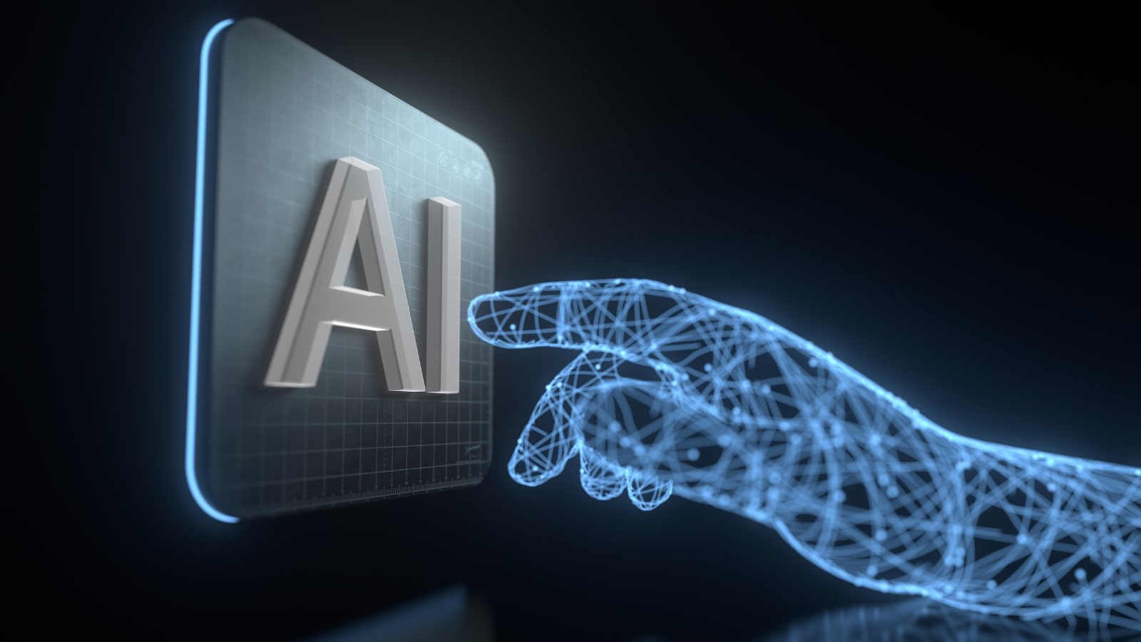 A futuristic hand reaching toward an AI button.
