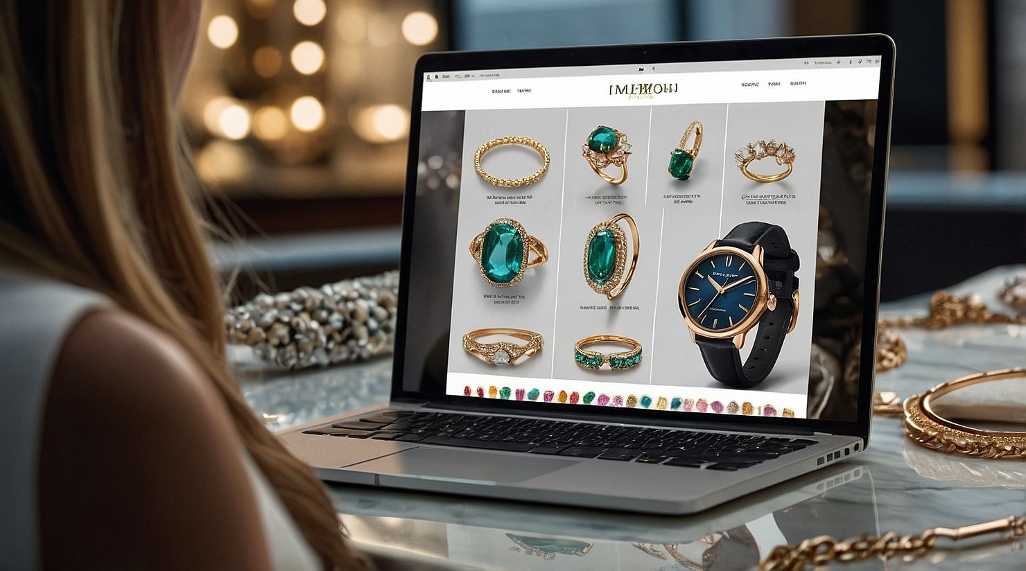 A jewelry store online displaying emerald rings and a fancy watch.