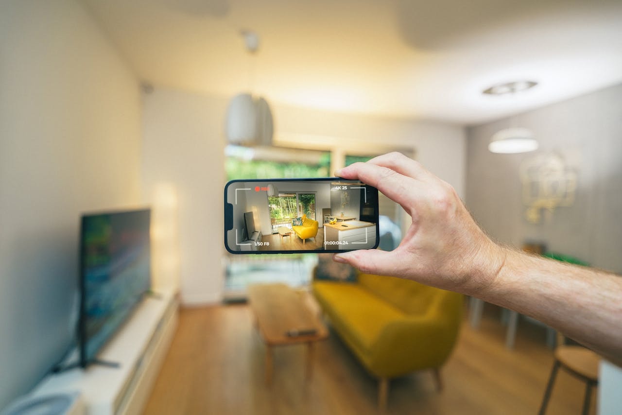 A person taking a picture of a living room furnished with a wooden table and yellow sofa in focus