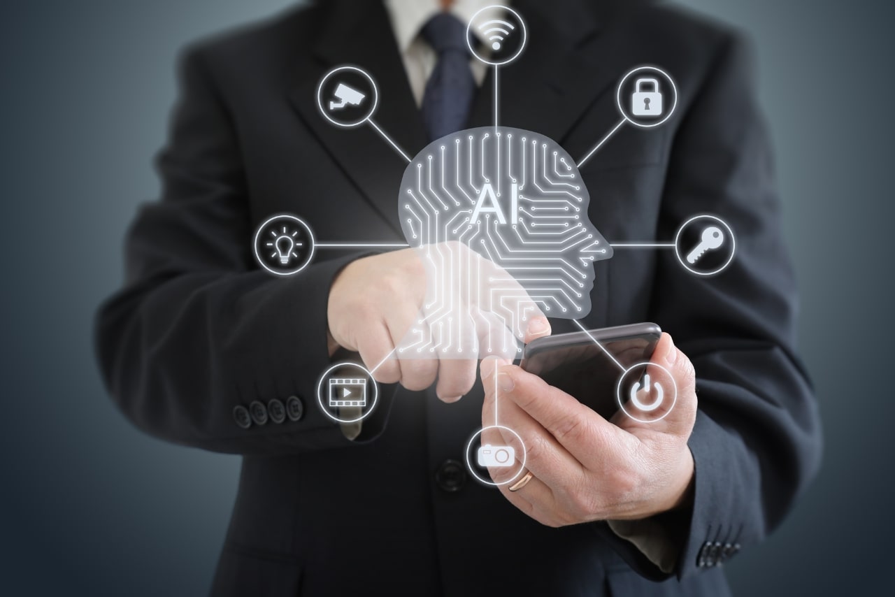 A person tapping on a tablet displaying a futuristic AI brain icon surrounded by various content icons.