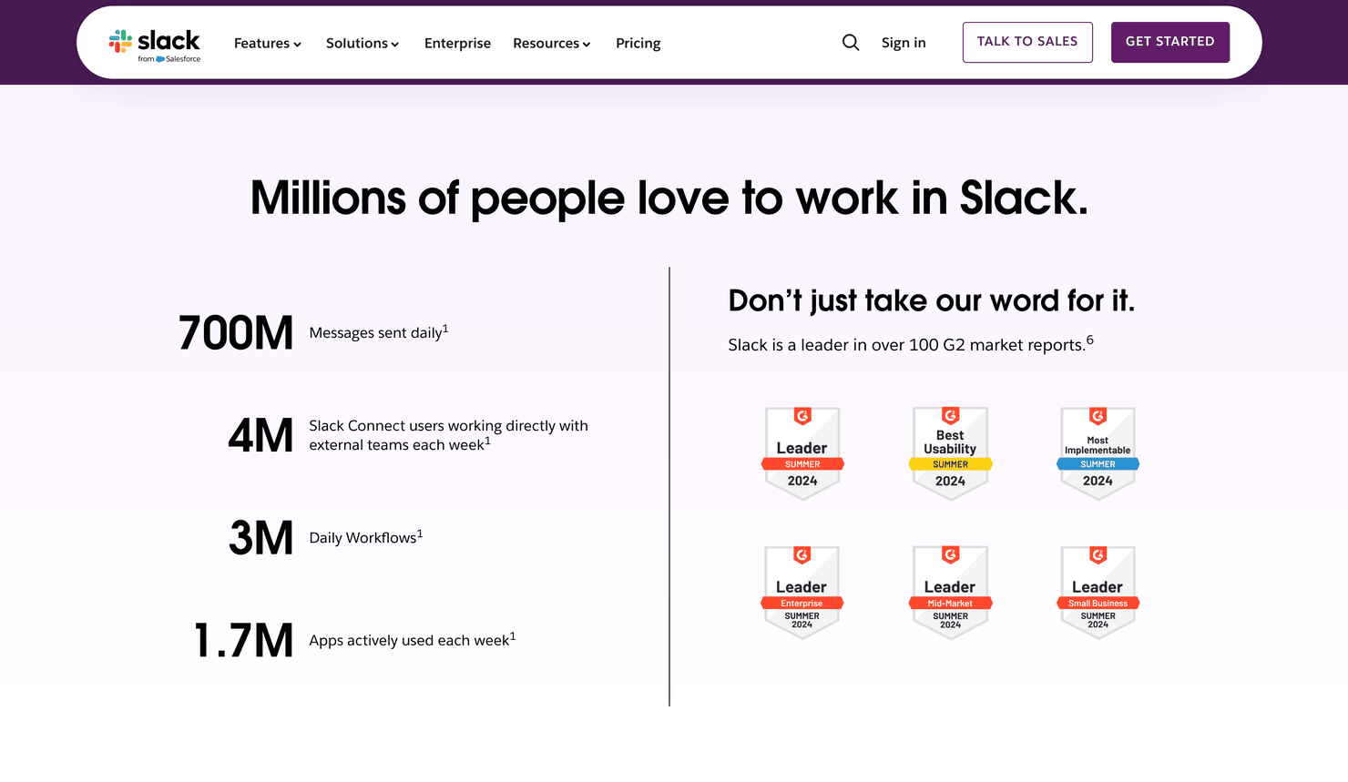 A section of Slack's homepage highlighting its market share