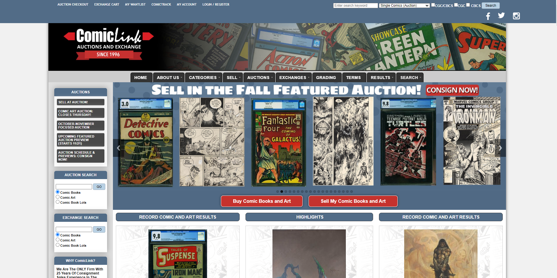 A snapshot of the Comiclink's homepage.