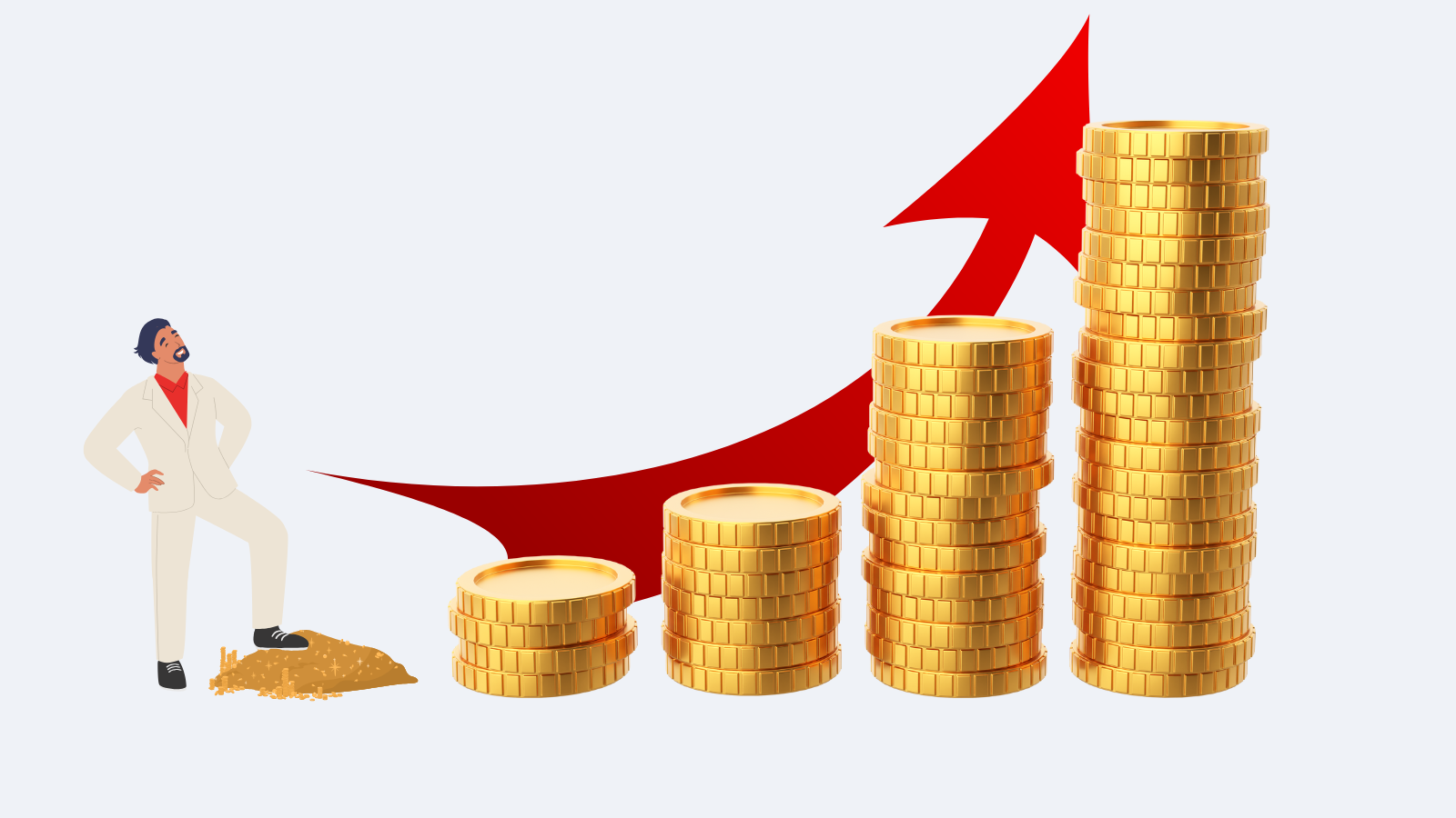 A tiered commission concept illustrated with a man preparing to step onto various stacked levels of gold.
