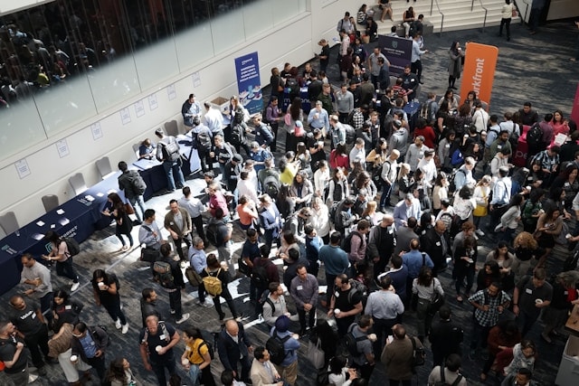 A top view of attendees of a trade show