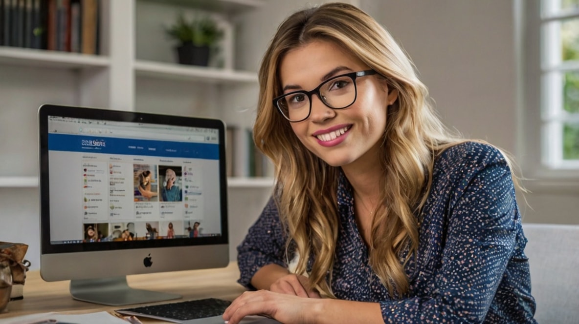 A tutor with her courses shown on a computer in the background.