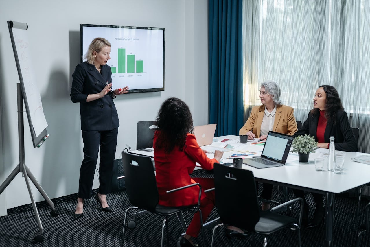 A woman presenting to clients