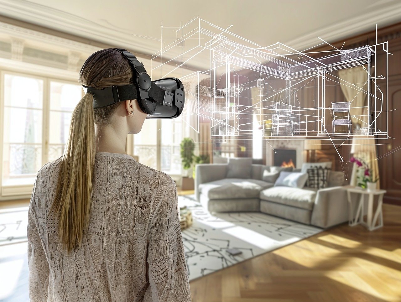 A woman viewing an AI-generated interior design of a living room