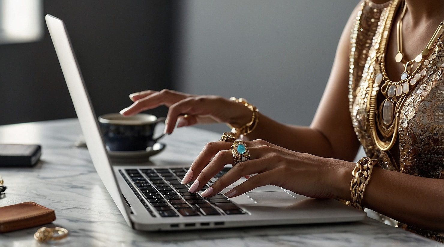 A woman with jewelry typing on a laptop