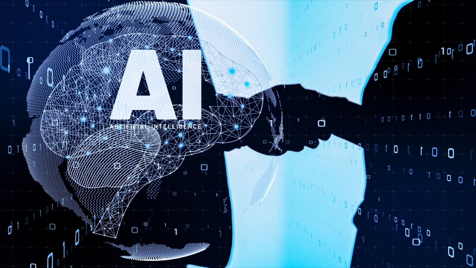 AI intelligence integration concept with two people shaking hands in the background.