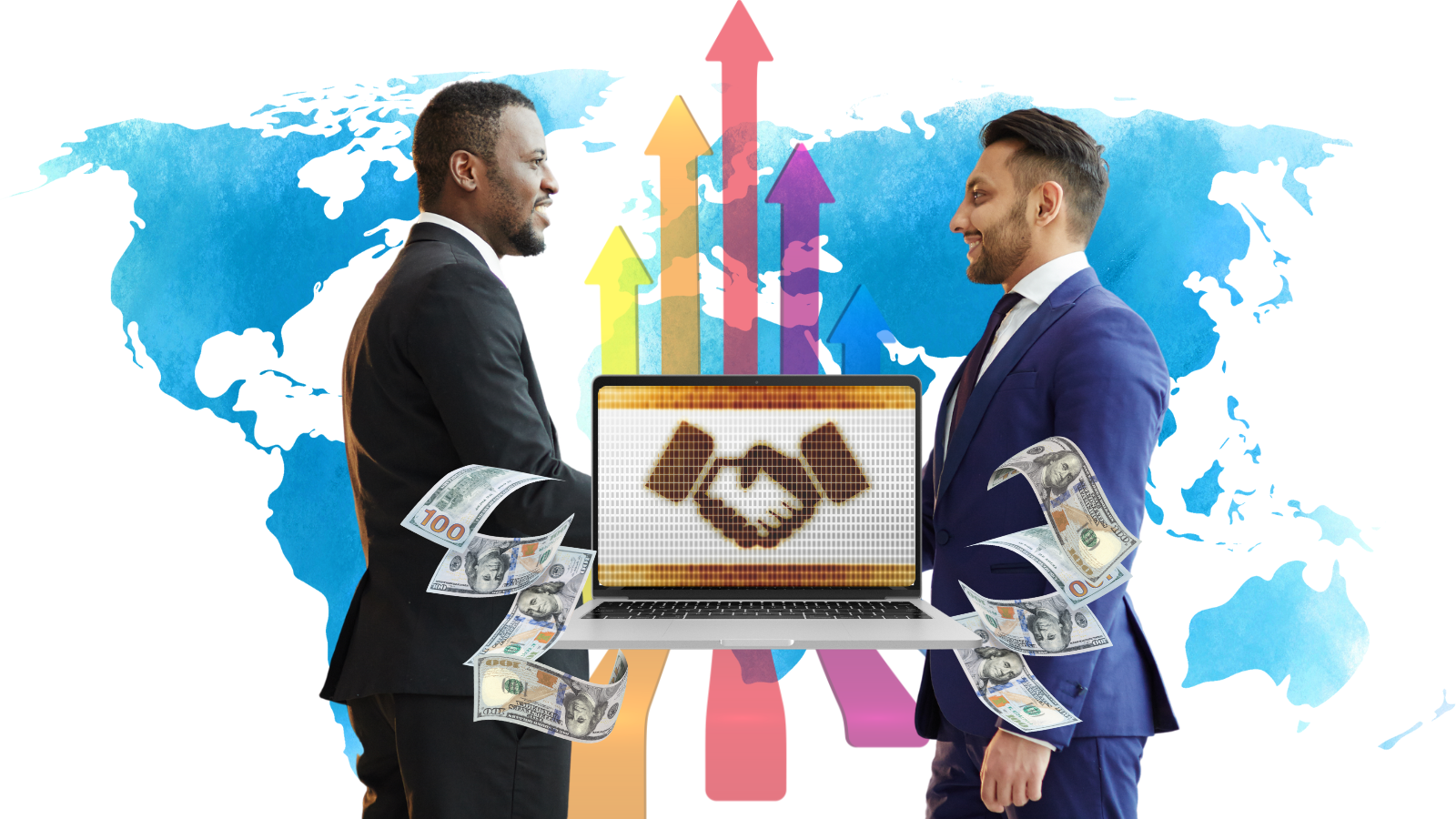 Affiliate program concept two businessmen form an online partnership and earn money