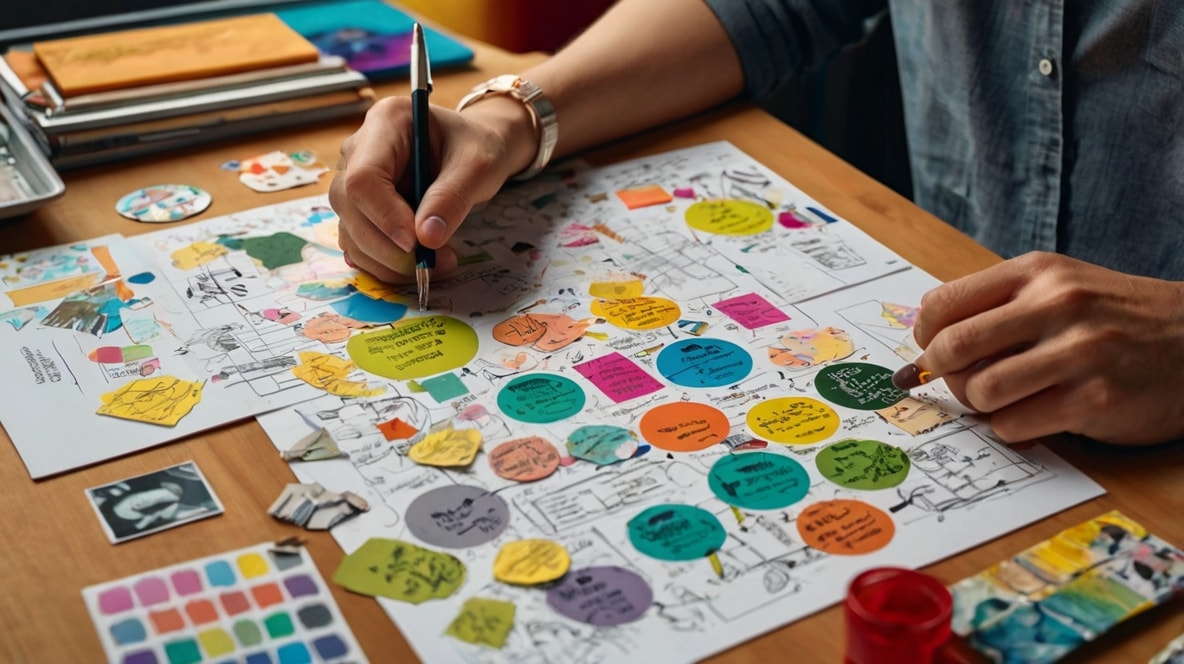 Artist analysing stickers.