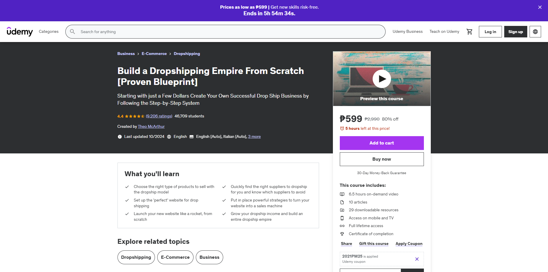 Build a Dropshipping Empire From Scratch on udemy's website image.