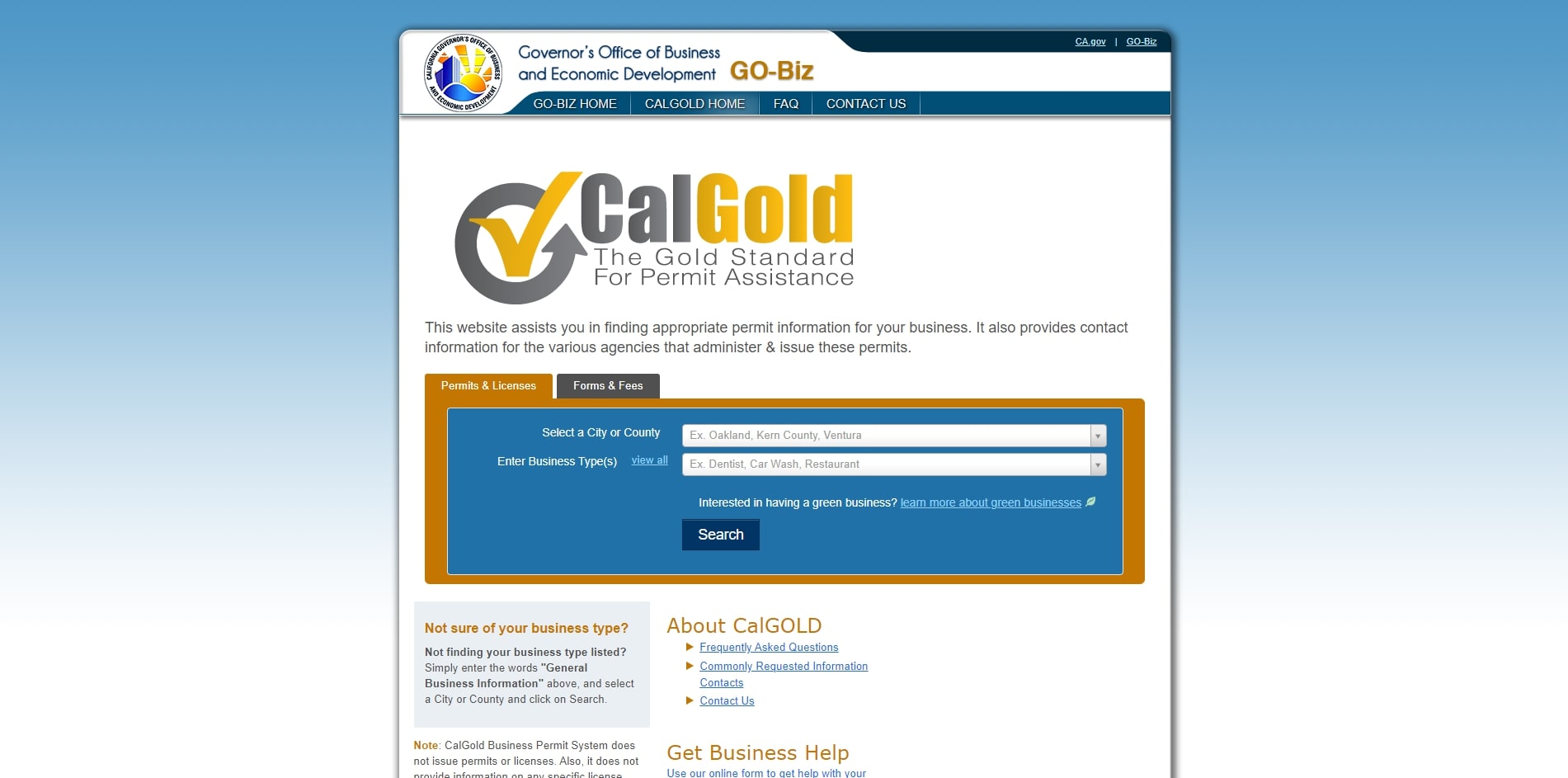 CalGold website homepage.