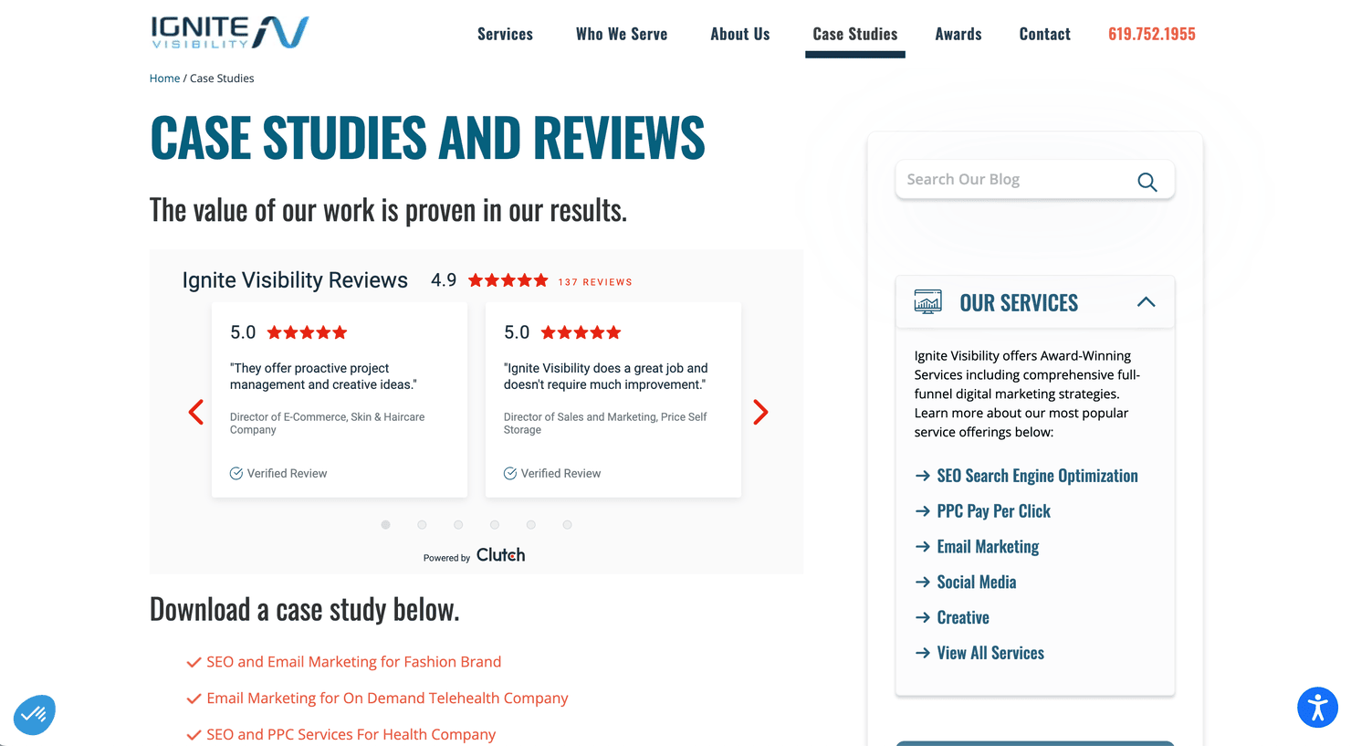 Case studies on Ignite Visibility's website