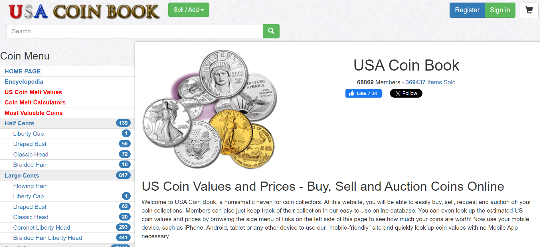 Coin Book website homepage.