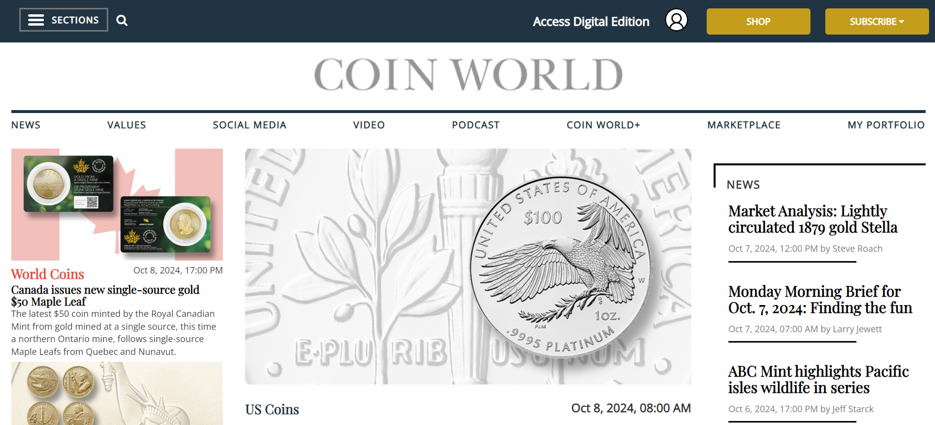 Coin World homepage.