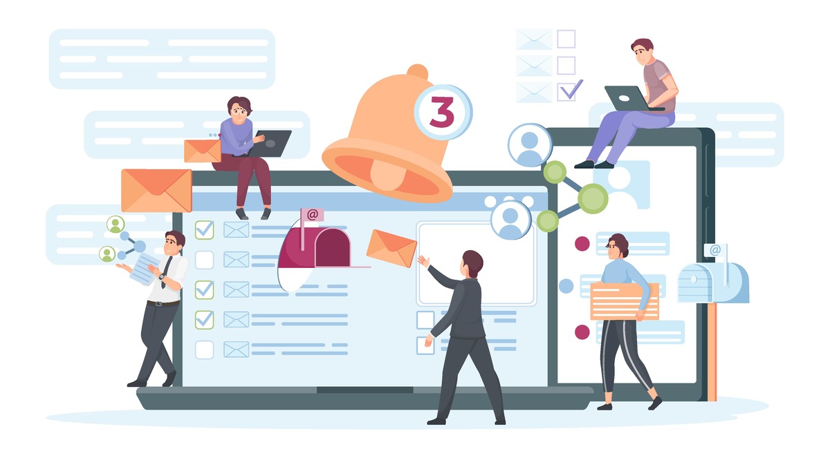Concept of email marketing with people sending advertising messages.