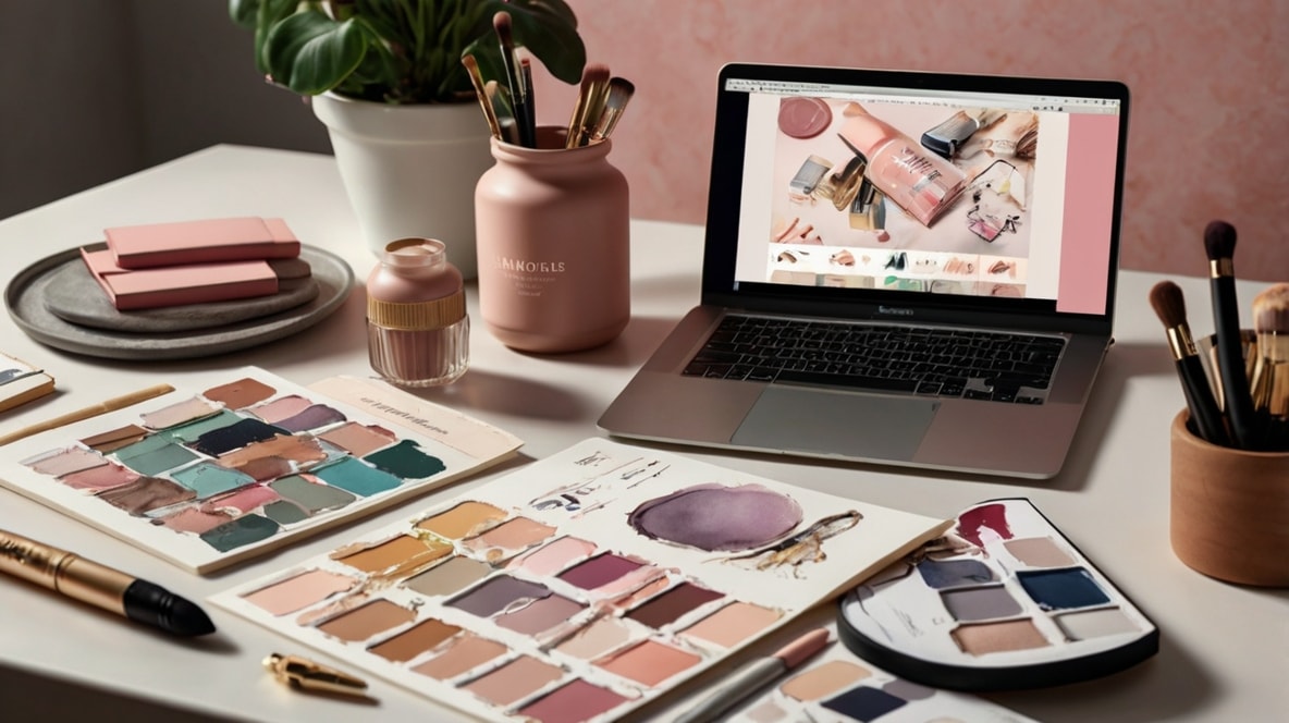 Cosmetic products on a table with a laptop showing the products on a screen.