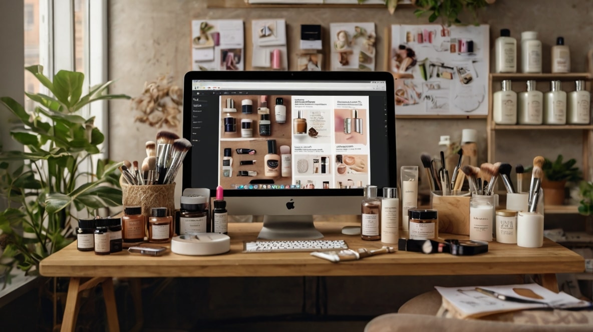Cosmetics display on a table and a monitor showing a cosmetics website.