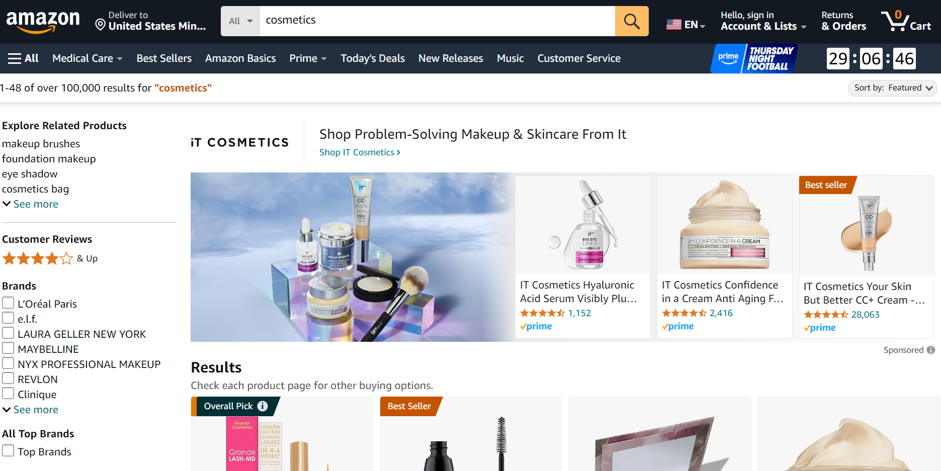 Cosmetics on Amazon website.