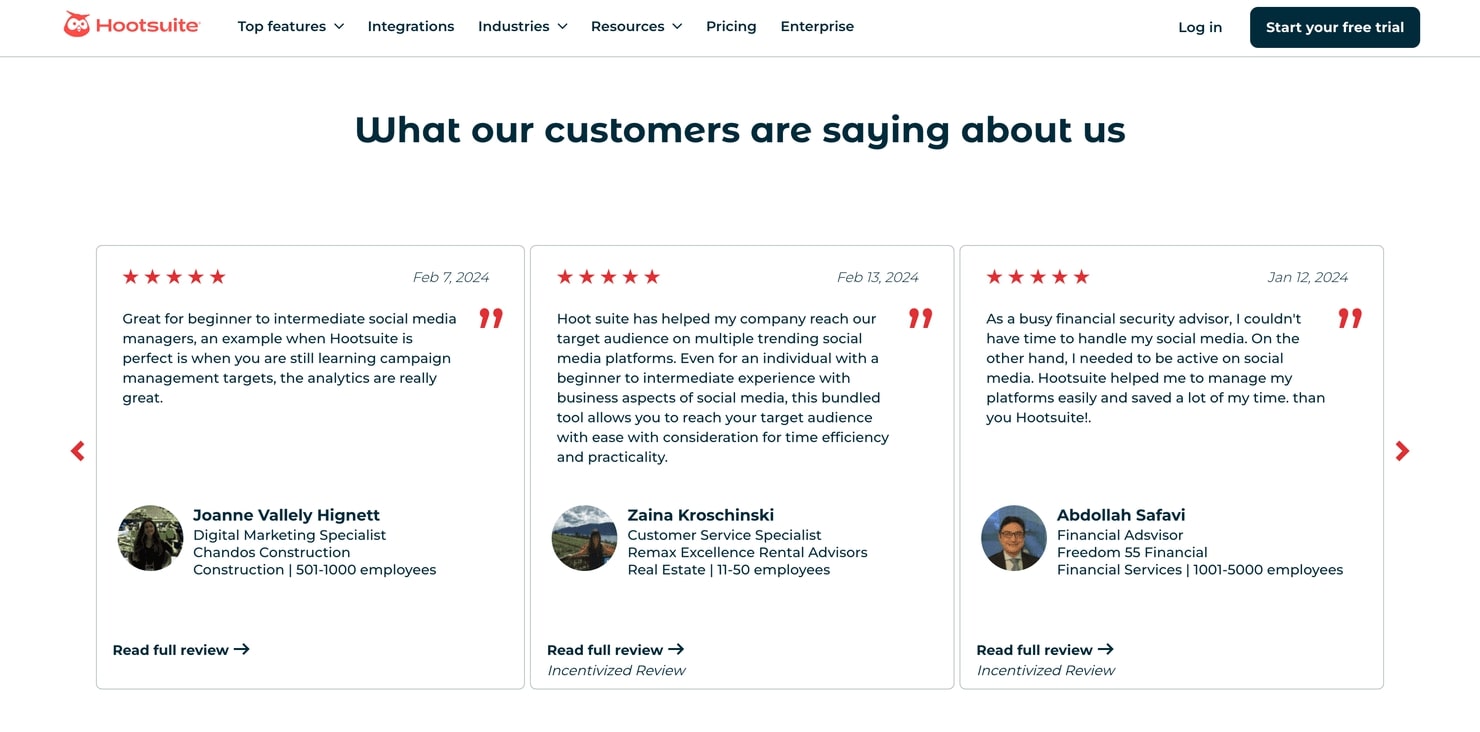 Customer reviews on HootSuite's homepage