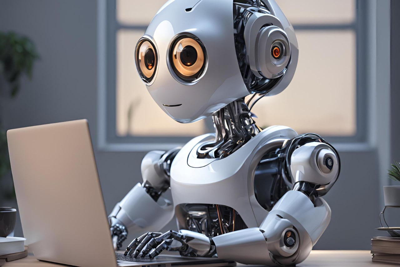 Cute robot doing research paper on laptop.