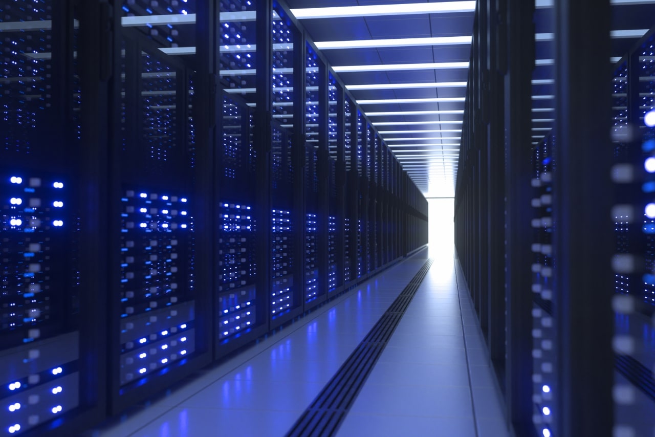 Data center computer raks in network security server room.