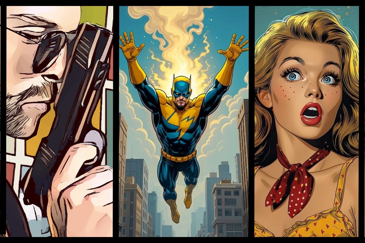 Different kinds of scenes from comics showing detective, superhero and romance genres.