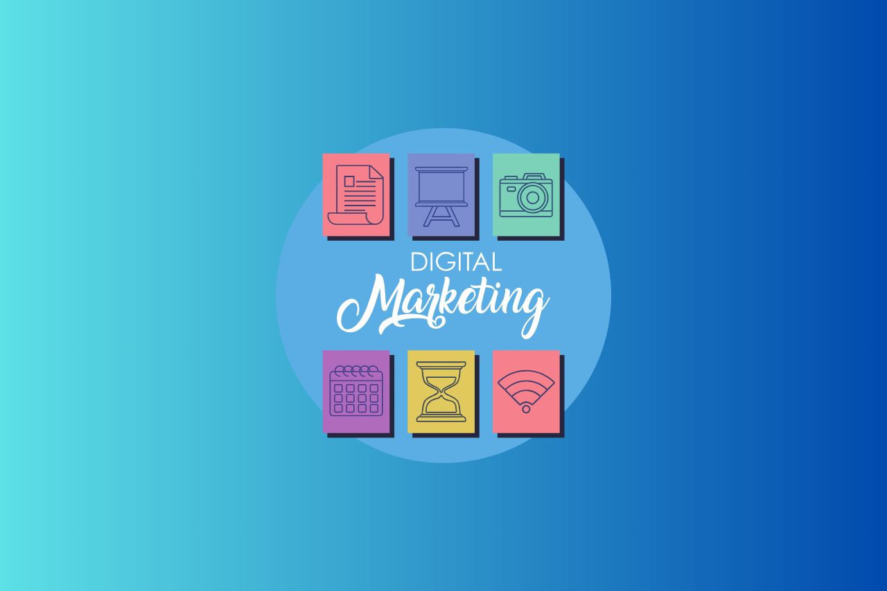 Digital Marketing writing inside blue circle surrounded by writing, illustration, camera, calendar and internet icons.