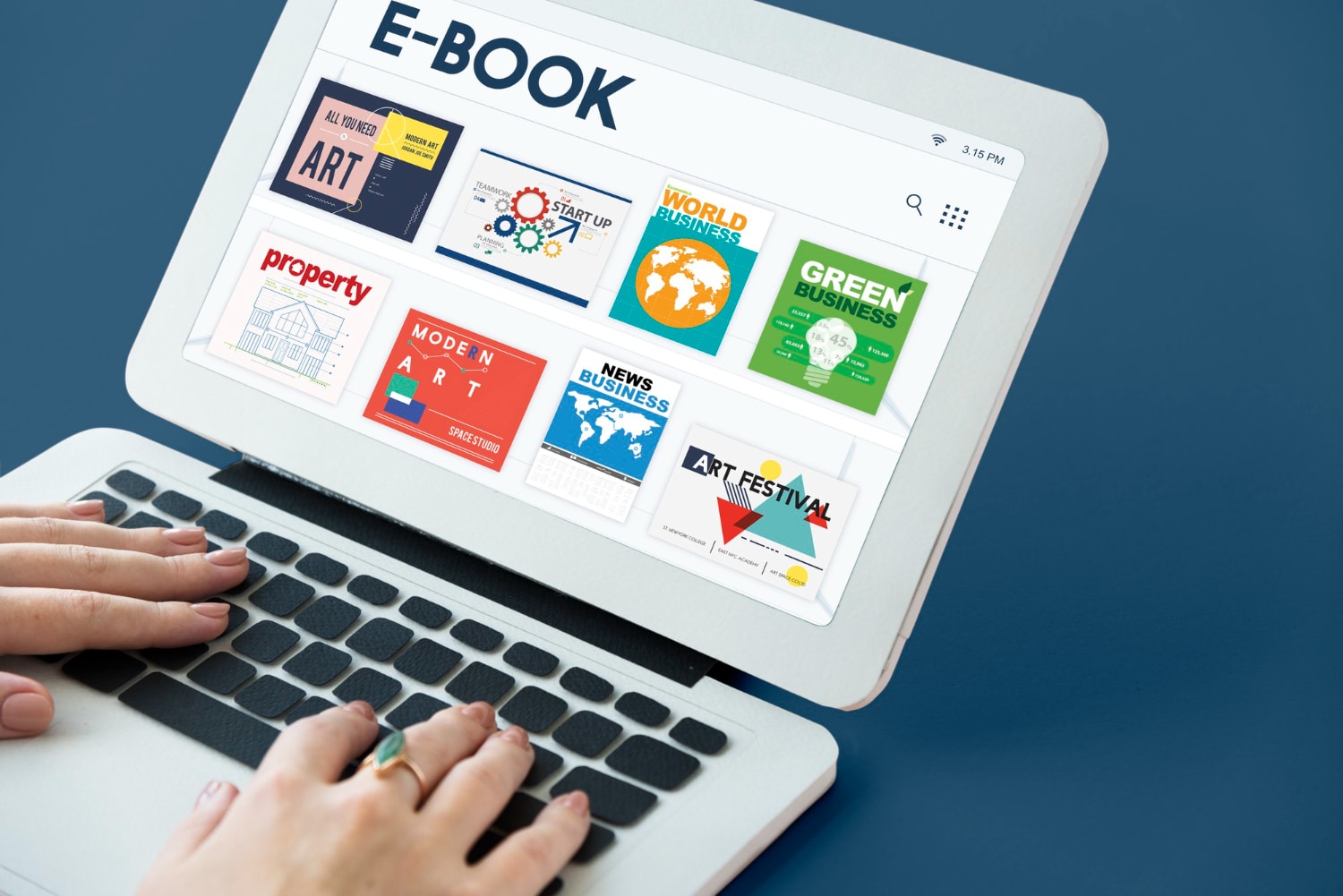 E-book digital magazine collection displayed on a laptop.