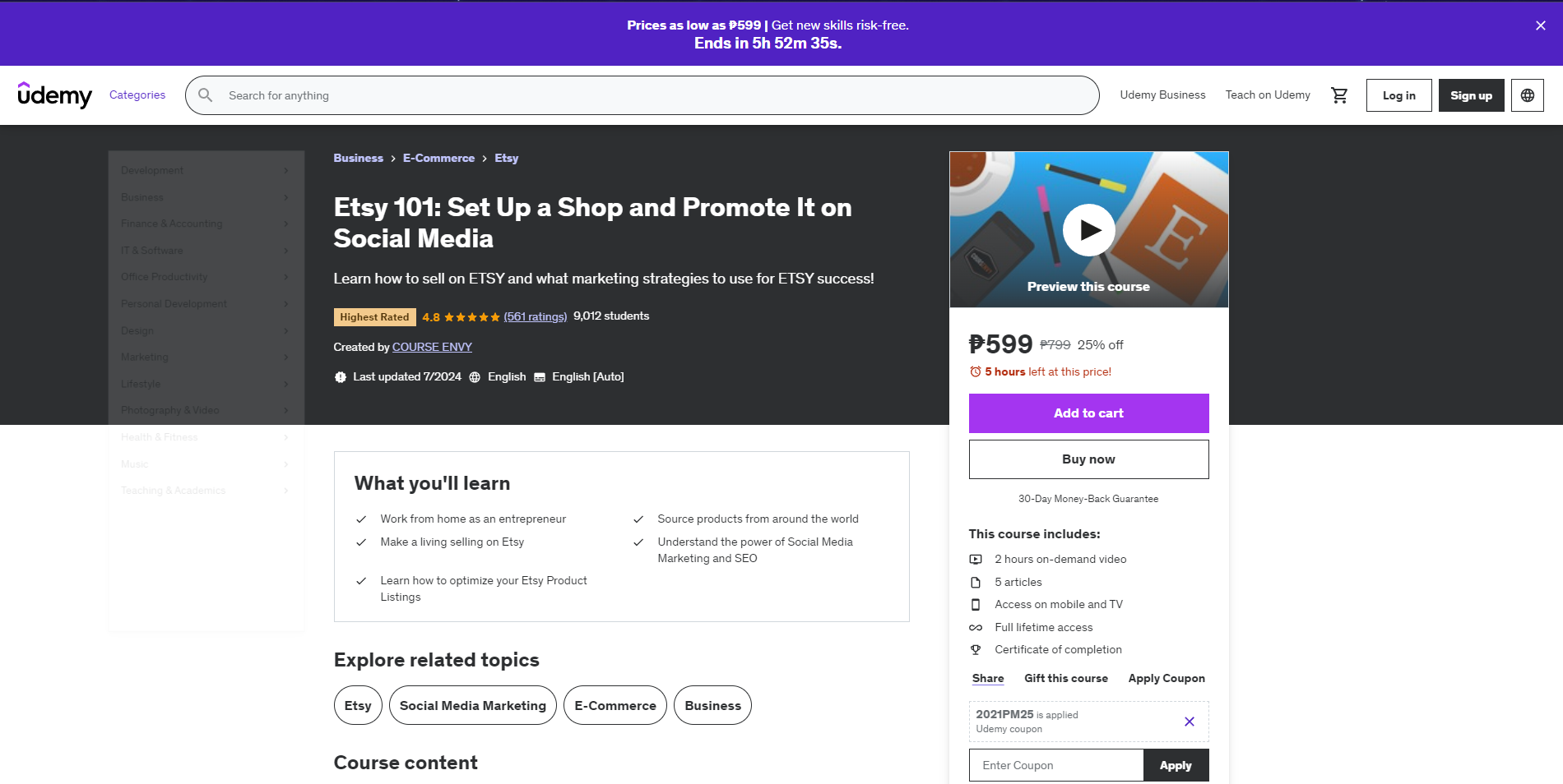 Etsy 101 online course on Udemy's website.
